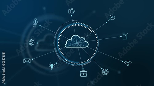 Cloud computing, Global Network - Futuristic blue cloud with pixel digital transformation abstract new technology background. Artificial intelligence and big data concept. Business industry 4.0 and 5g