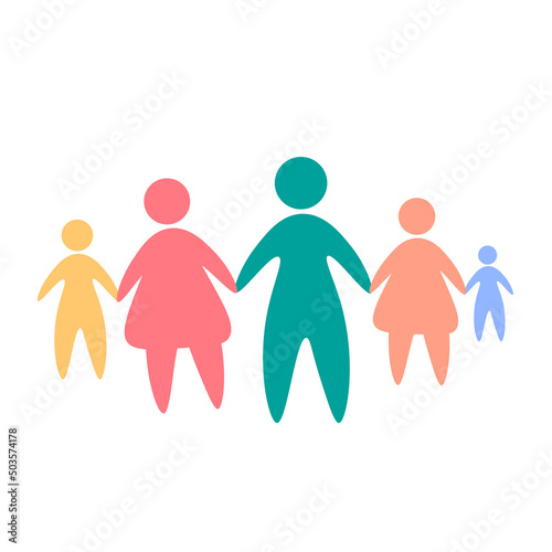 Happy family icon multicolored in simple figures. Two children, dad and mom stand together. Vector can be used as logotype. 