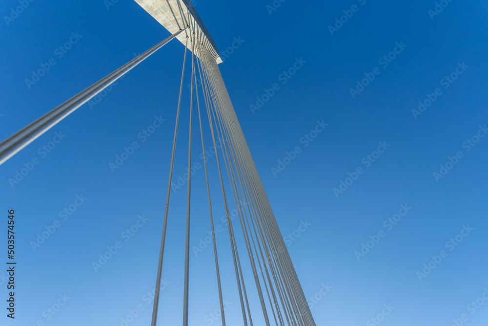 Barranquilla, Atlantico, Colombia. January 15, 2022: Pumarejo bridge structure with blue sky.