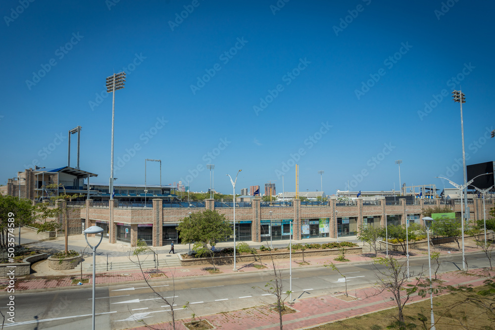 Barranquilla, Atlantico, Colombia. January 15, 2022: Edgar Renteria Stadium and blue sky.