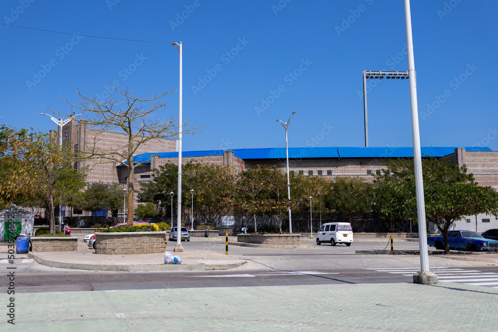 Barranquilla, Atlantico, Colombia. January 15, 2022: Edgar Renteria Stadium and blue sky.