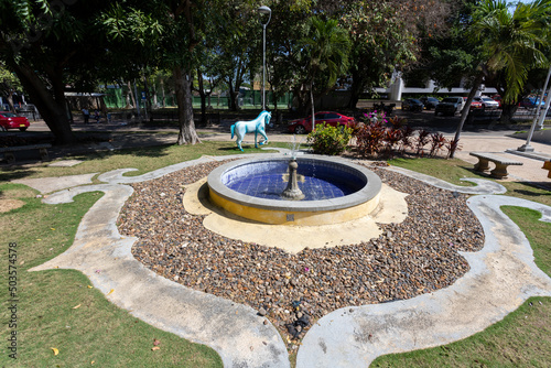 Barranquilla, Atlantico, Colombia. January 15, 2022: Fountain in the city park.