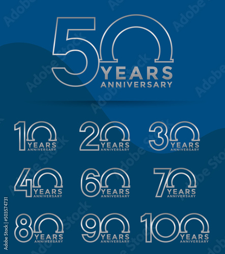 Set of Anniversary outline logotype and silver color with blue background for celebration