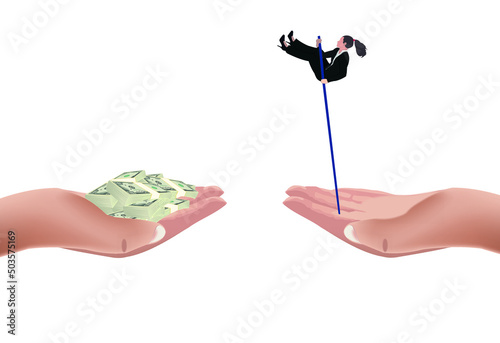 Concept of a businesswoman overcoming difficulties on a white background