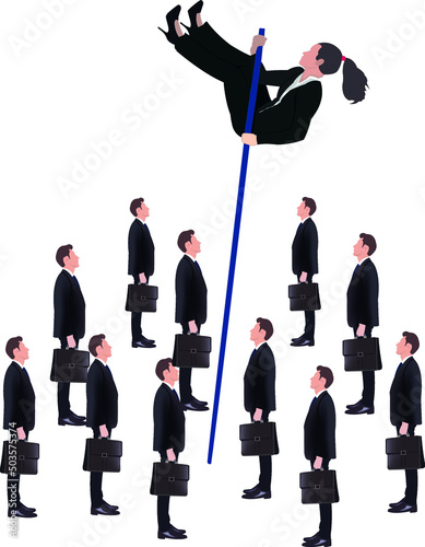 Concept of a businesswoman overcoming difficulties on a white background