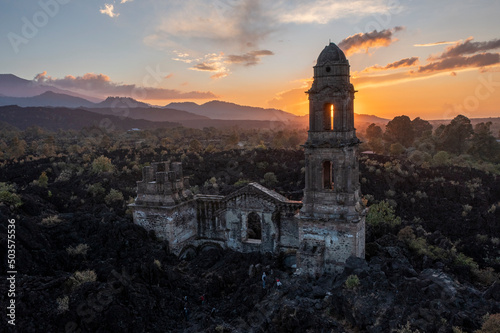 Canvas sunset over the church of Paricutin