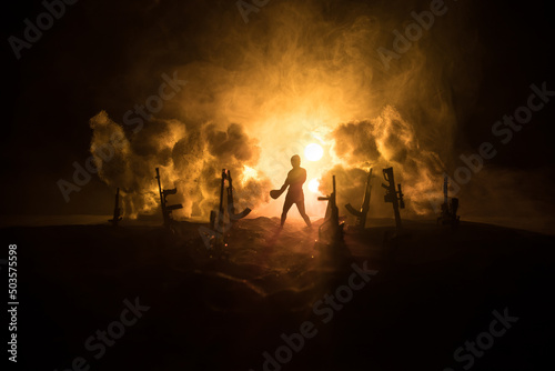 Creative artwork decoration war on Ukraine. Crowd looking on giant explosion and attacking soldiers.