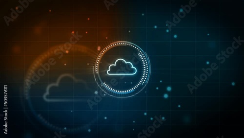 Cloud computing, Global Network - Futuristic blue cloud with pixel digital transformation abstract new technology world map background. Artificial intelligence and big data concept. 