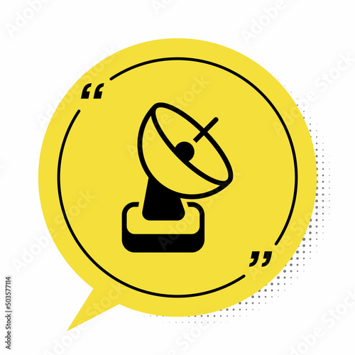 Black Radar icon isolated on white background. Search system. Satellite sign. Yellow speech bubble symbol. Vector