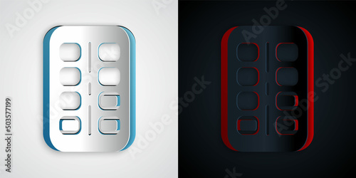 Paper cut Nicotine gum in blister pack icon isolated on grey and black background. Helps calm cravings and reduces anxiety caused by quitting smoking. Paper art style. Vector