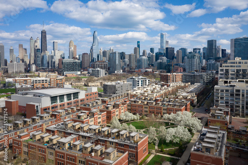 Aerial Photo of Chicago Skyline. Residential buildings with park and green space in foreground. Chicago South Loop. Midwest urban living.