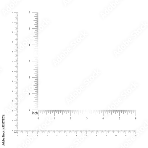 6 and 12 inches or 1 foot corner ruler template. Measuring tool with imperial units vertical and horizontal markup and numbers. Vector outline illustration isolated on white background