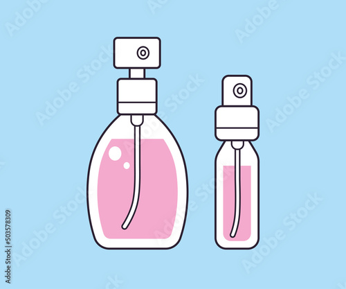 Pink perfume fragrance spray bottle and small sample tester isolated cartoon vector