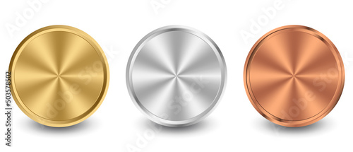 Collection of gold, silver, bronze radial metallic gradient. Plates with gold, silver, bronze metallic effect. Vector illustration
