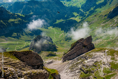 Beautiful landscape view of the Santis Mountian, Schwagalp Pass in bright sunlight, Switzerland photo