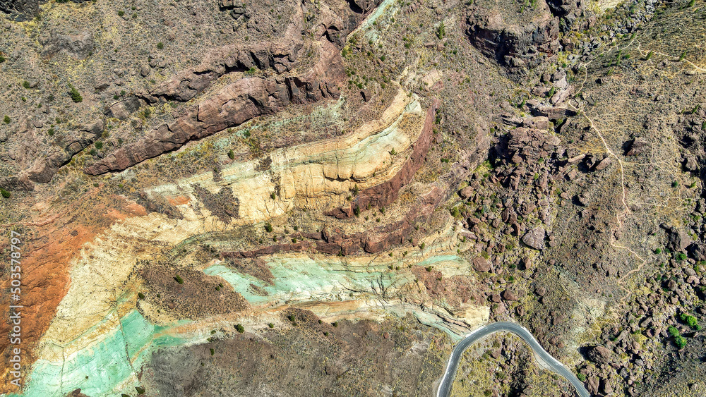 Fotos aéreas de Los azulejos de Veneguera, Gran Canaria, Canarias. Monumento natural. Foto dron.