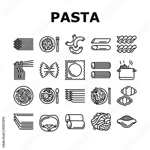 Pasta Delicious Food Meal Cooking Icons Set Vector. Ravioli And Tortellini, Spaghetti And Pasta, Macaroni And Fusilli, Cannelloni And Lasagna. Cooked Dish Plate Nutrition Black Contour Illustrations