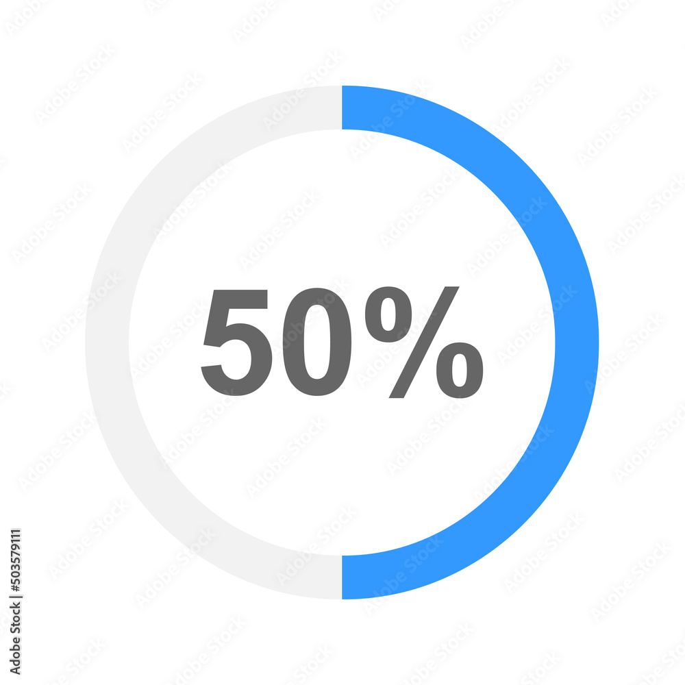 50 percent filled round loading bar or battery charging. Half part of progress, waiting, transfer, buffering or downloading icon. Infographic element for web interface. Vector flat illustration 50 percent filled round loading bar or battery charging. Half part of progress, waiting, transfer, buffering or downloading icon. Infographic element for web interface. Vector flat illustration