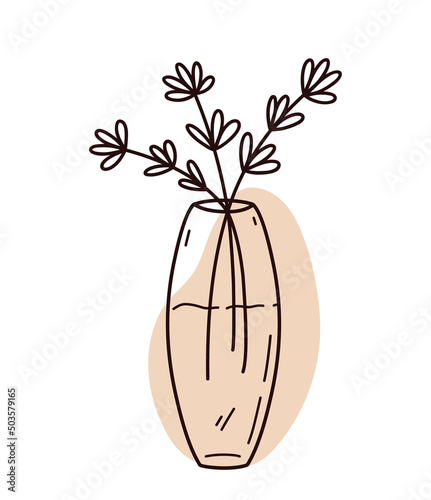 Abstract floral doodle with color organic shape. Minimalist vase with flowers isolated on white background. Vector hand-drawn illustration. Perfect for cards, decorations, logo, posters.