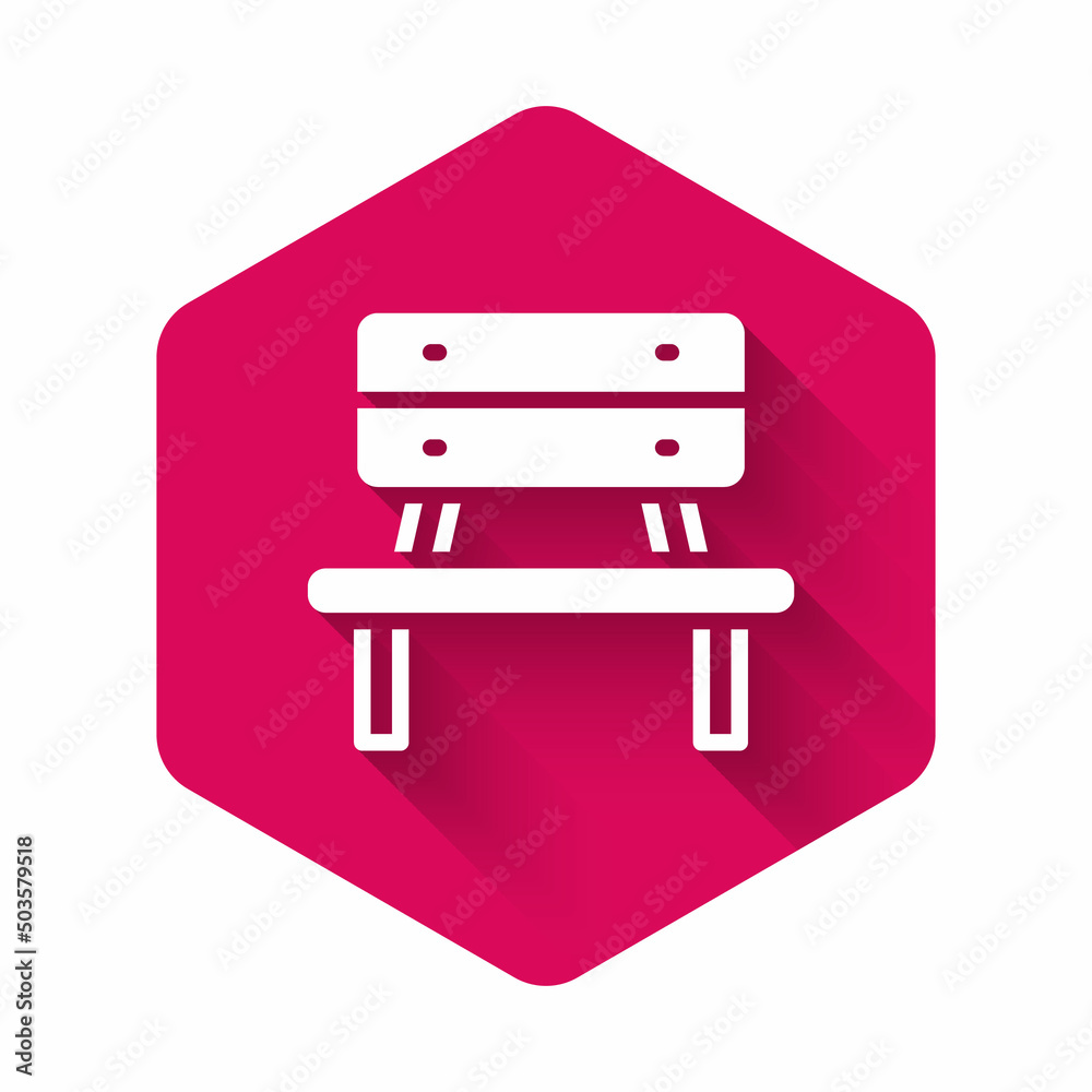 White Bench icon isolated with long shadow background. Pink hexagon button. Vector White Bench icon isolated with long shadow background. Pink hexagon button. Vector