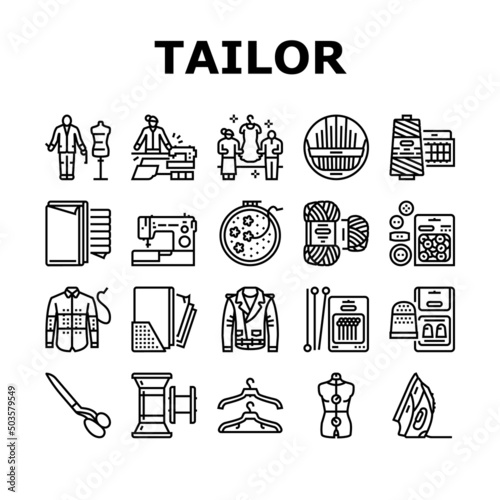 Tailor Worker Sewing Occupation Icons Set Vector. Tailor Measuring Client And Sew Leather Jacket, Preparing Suit On Mannequin And Crafting With Professional Equipment Black Contour Illustrations
