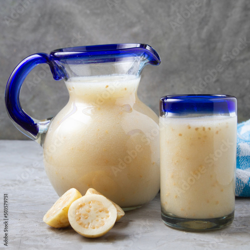 Glass with guava juice. Mexican drink photo