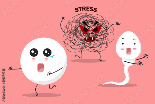 Sperm and egg run away from stress cartoon character. Aviod stress to be healthy sperm and egg concept. vector illustration.