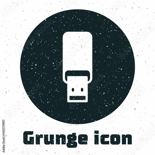 Grunge USB flash drive icon isolated on white background. Monochrome vintage drawing. Vector