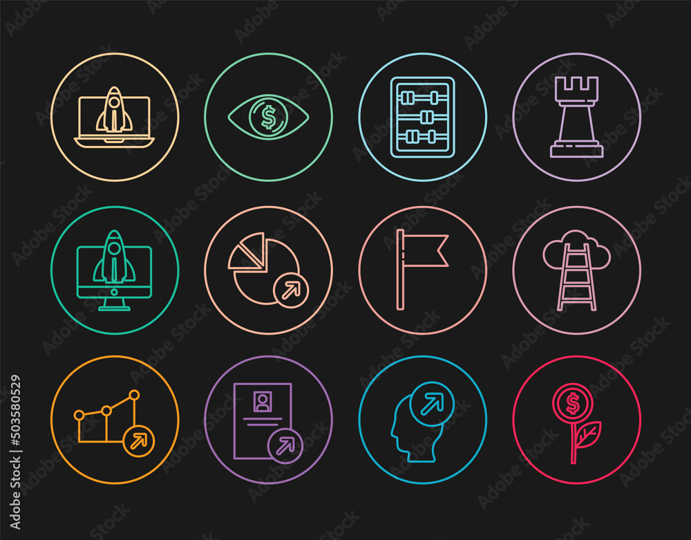 Set line Dollar plant, Stair with finish flag, Abacus, Financial growth, Startup project concept, Location marker and Eye dollar icon. Vector Set line Dollar plant, Stair with finish flag, Abacus, Financial growth, Startup project concept, Location marker and Eye dollar icon. Vector