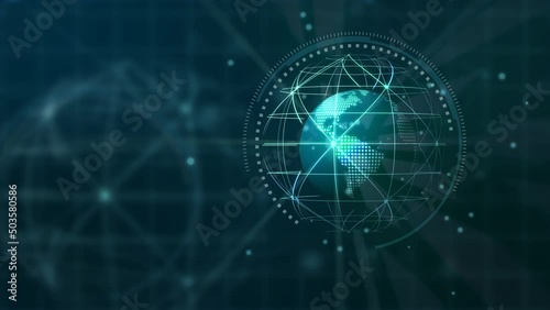 Cloud computing, Global Network - Futuristic blue globe with pixel digital transformation abstract new technology background. Artificial intelligence and big data concept. Business industry 4.0 and 5g