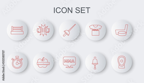 Set line Boxing training paws, Stopwatch, Fencing, Ringing bell, ring, Punch boxing gloves, Apple and measuring tape and Fight club MMA icon. Vector