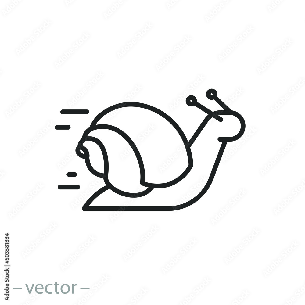 snail icon, acceleration or jerk, slow slug speed, thin line symbol on  white background - editable stroke vector illustration Stock Vector