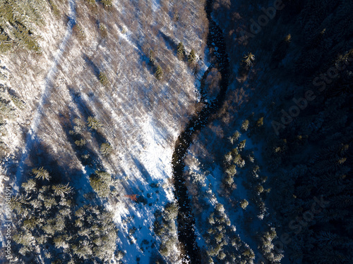 Aerial winter view of Rila Mountain near Beli Iskar river, Bulgaria