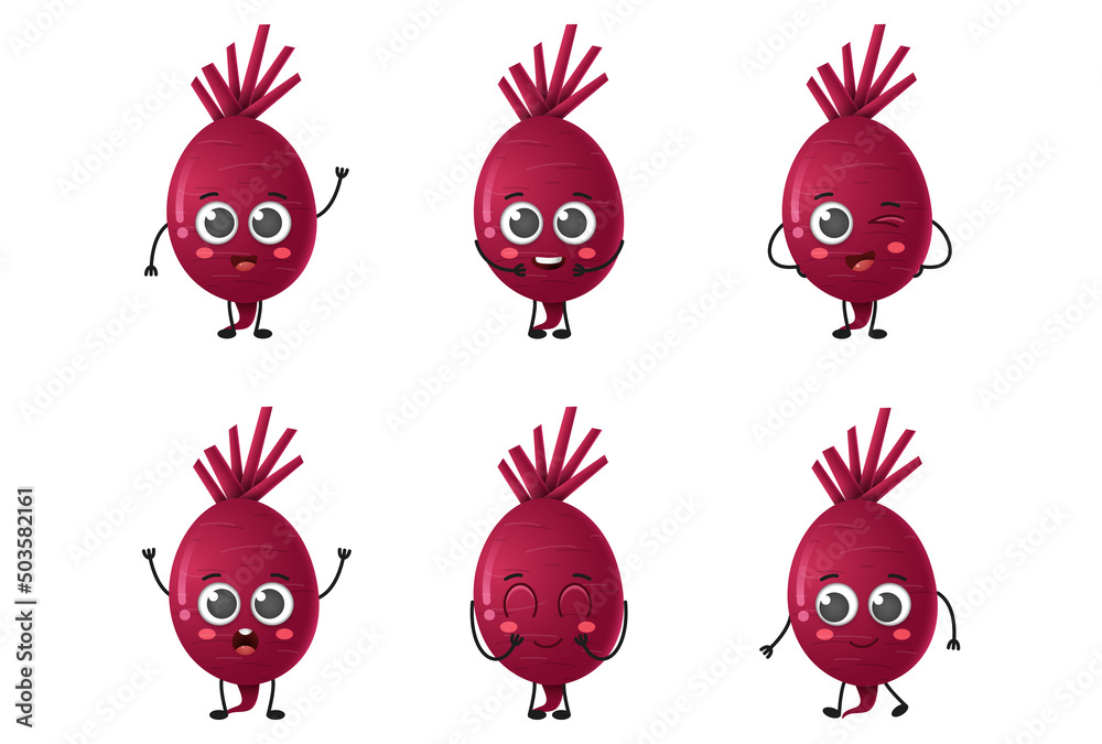 Set of cute cartoon beet vegetables vector character set isolated on white background