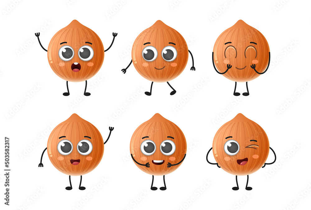 Set of cute cartoon onion vegetables vector character set isolated on white background