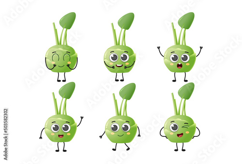 Set of cute cartoon kohlrabi vegetables vector character set isolated on white background