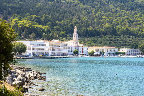 View of Sacred Monastery of Saint Archangel Michael the Panormitis. Symi, Greece. photo