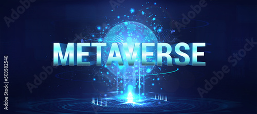 Cyberspace with 3D Earth Globe and inscription metaverse. Concept AR and VR cyber world through glasses, helmet, PC or other gadgets. Metaverse simulation virtual reality. 3D Earth Globe hologram. 