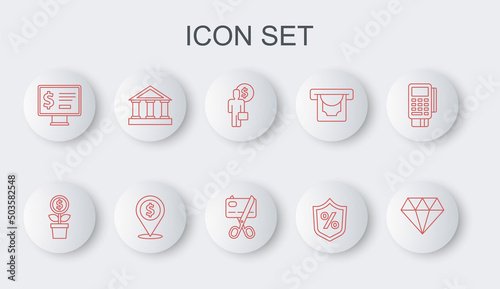 Set line Diamond, Dollar plant, Business man planning mind, Loan percent, Monitor with dollar, Bank building, Cash location and Scissors cutting credit card icon. Vector