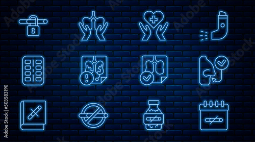 Set line No smoking days, Healthy breathing, Heart with cross, Disease lungs, Nicotine gum blister pack, Lungs x-ray diagnostics and icon. Vector