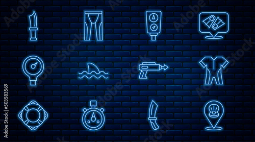 Set line Scallop sea shell, Wetsuit for scuba diving, Gauge scale, Shark, Diving knife, Fishing harpoon and icon. Vector