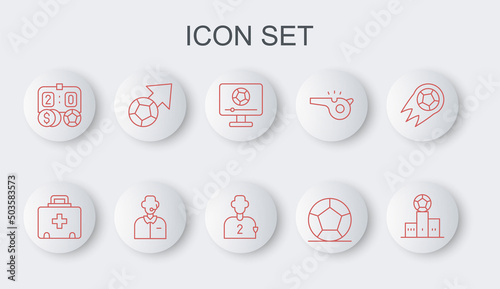 Set line Award over sports winner podium, First aid kit, Football match on TV, Soccer football, betting money, soccer commentator and player icon. Vector