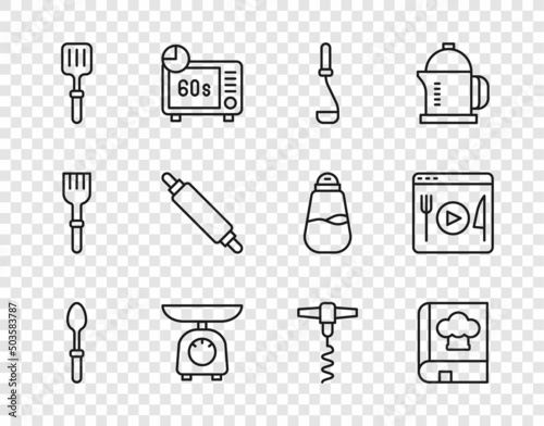 Set line Teaspoon, Cookbook, Kitchen ladle, Scales, Barbecue spatula, Rolling pin, Wine corkscrew and Cooking live streaming icon. Vector