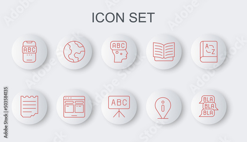 Set line Speech bubble chat, Notebook, Learning foreign languages, Information, Foreign online study, Earth globe, Online translator and Chalkboard icon. Vector