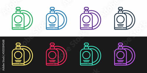 Set line Dishwashing liquid bottle and plate icon isolated on black and white background. Liquid detergent for washing dishes. Vector Illustration