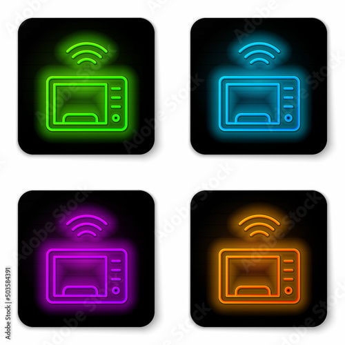 Glowing neon line Smart microwave oven system icon isolated on white background. Home appliances icon. Internet of things concept with wireless connection. Black square button. Vector © vector_v