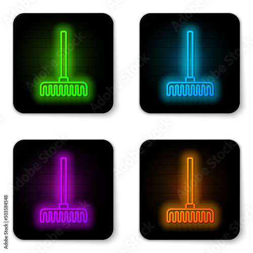 Glowing neon line Garden rake icon isolated on white background. Tool for horticulture, agriculture, farming. Ground cultivator. Black square button. Vector