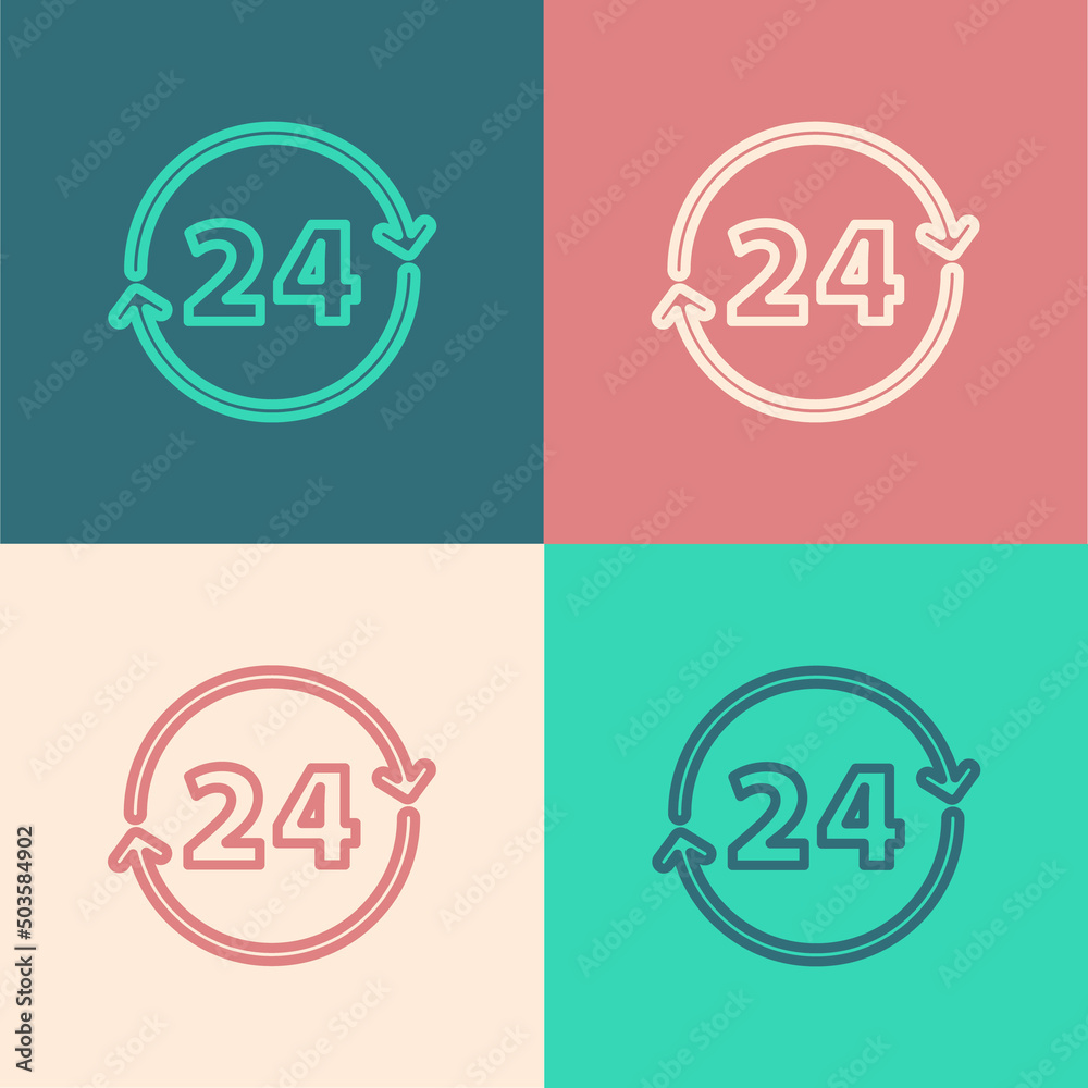 Pop art line Clock 24 hours icon isolated on color background. All day cyclic icon. 24 hours service symbol. Vector Pop art line Clock 24 hours icon isolated on color background. All day cyclic icon. 24 hours service symbol. Vector