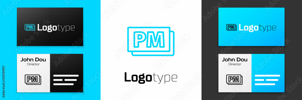 Blue line Clock PM icon isolated on white background. Time symbol. Logo design template element. Vector Blue line Clock PM icon isolated on white background. Time symbol. Logo design template element. Vector