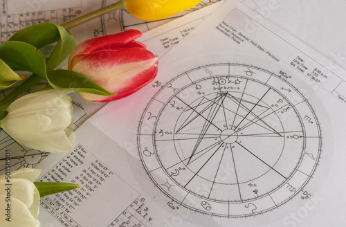 Printed natal charts with white tulips on the side